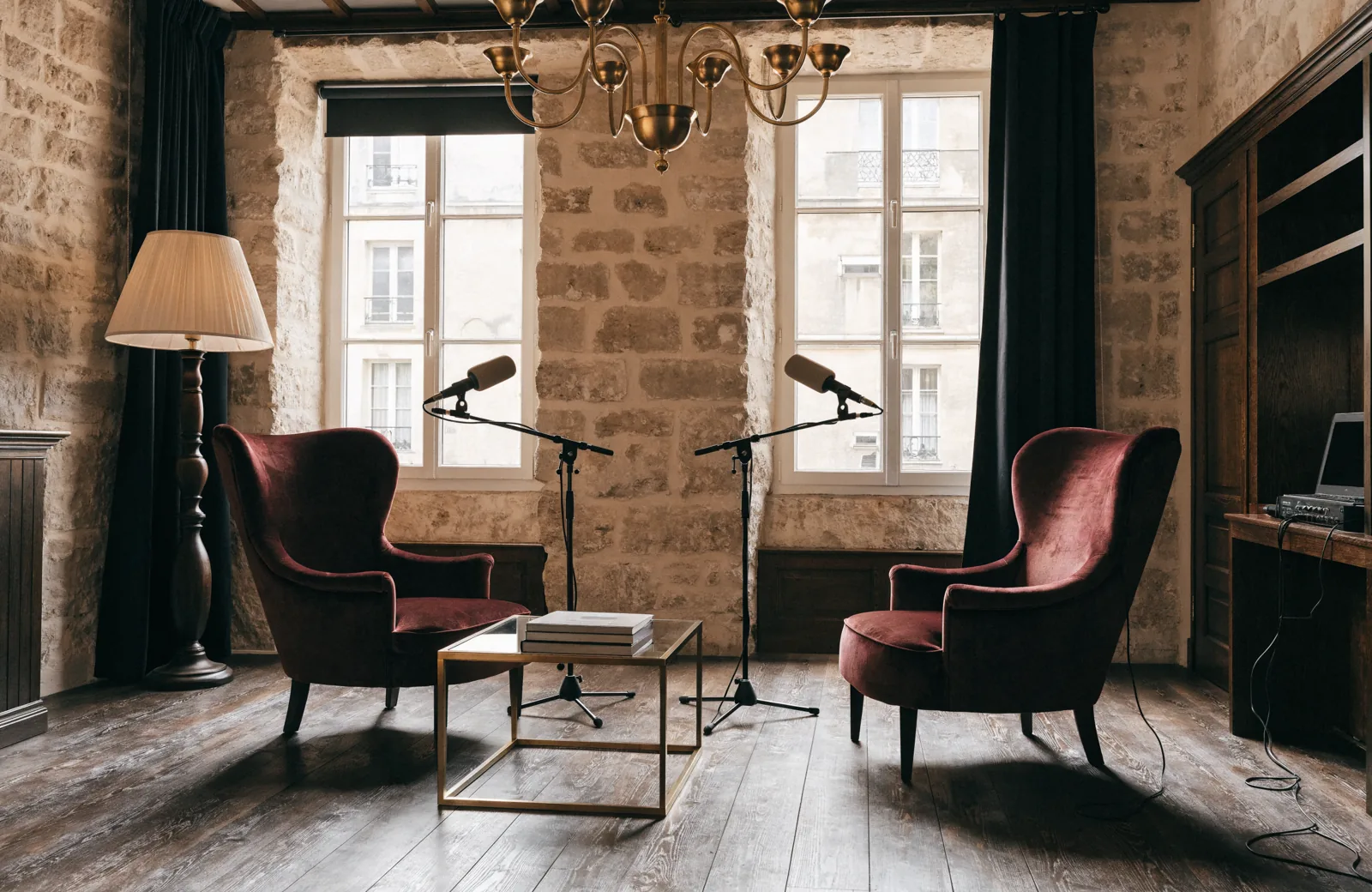 Illustration IA : espace chaleureux de conversation avec deux microphones.