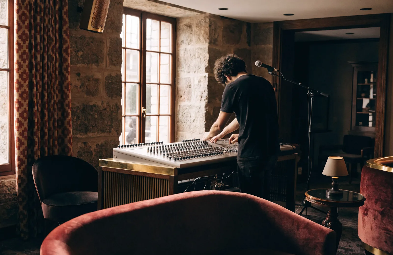 Illustration IA : technicien préparant une console audio.